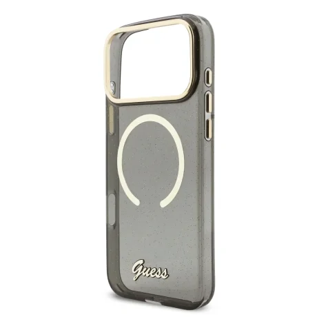 Husa spate Guess IML Glitter Script Strap MagSafe pentru iPhone 17 Pro Max, neagră
