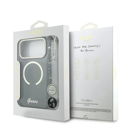 Husa spate Guess IML Glitter Script Strap MagSafe pentru iPhone 17 Pro Max, neagră