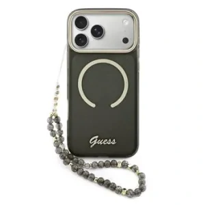 Husa spate Guess IML Glitter Script Strap MagSafe pentru iPhone 17 Pro Max, neagră