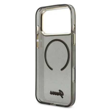Husa spate Guess IML Glitter Script Strap MagSafe pentru iPhone 17 Pro Max, neagră