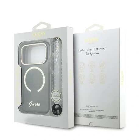 Husa spate Guess IML Glitter Script Strap MagSafe pentru iPhone 17 Pro, neagră