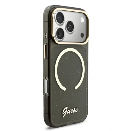 Husa spate Guess IML Glitter Script Strap MagSafe pentru iPhone 17 Pro, neagră
