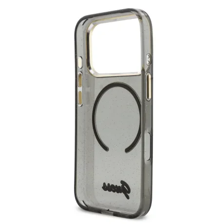 Husa spate Guess IML Glitter Script Strap MagSafe pentru iPhone 17 Pro, neagră