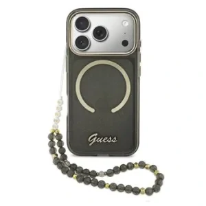 Husa spate Guess IML Glitter Script Strap MagSafe pentru iPhone 17 Pro, neagră