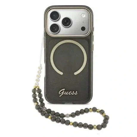 Husa spate Guess IML Glitter Script Strap MagSafe pentru iPhone 17 Pro, neagră