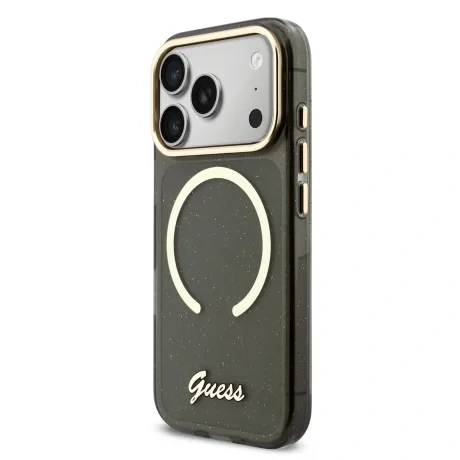 Husa spate Guess IML Glitter Script Strap MagSafe pentru iPhone 17 Pro, neagră