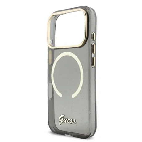 Husa spate Guess IML Glitter Script Strap MagSafe pentru iPhone 17 Pro, neagră