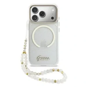 Husa spate Guess IML Glitter Script Strap MagSafe pentru iPhone 17 Pro, transparentă