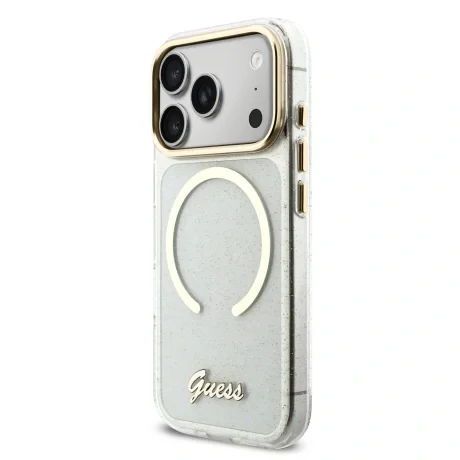 Husa spate Guess IML Glitter Script Strap MagSafe pentru iPhone 17 Pro, transparentă