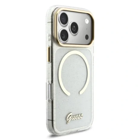 Husa spate Guess IML Glitter Script Strap MagSafe pentru iPhone 17 Pro, transparentă