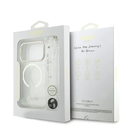 Husa spate Guess IML Glitter Script Strap MagSafe pentru iPhone 17 Pro, transparentă