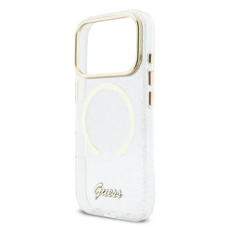 Husa spate Guess IML Glitter Script Strap MagSafe pentru iPhone 17 Pro, transparentă