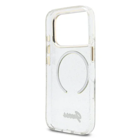 Husa spate Guess IML Glitter Script Strap MagSafe pentru iPhone 17 Pro, transparentă