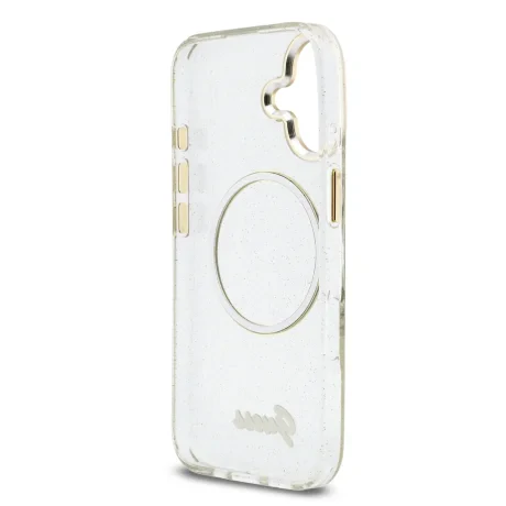 Husa spate Guess IML Glitter Script Strap MagSafe pentru iPhone 17, transparentă