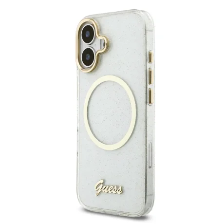 Husa spate Guess IML Glitter Script Strap MagSafe pentru iPhone 17, transparentă