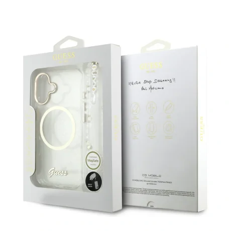 Husa spate Guess IML Glitter Script Strap MagSafe pentru iPhone 17, transparentă
