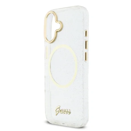 Husa spate Guess IML Glitter Script Strap MagSafe pentru iPhone 17, transparentă