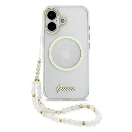 Husa spate Guess IML Glitter Script Strap MagSafe pentru iPhone 17, transparentă