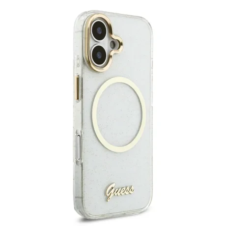 Husa spate Guess IML Glitter Script Strap MagSafe pentru iPhone 17, transparentă