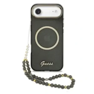 Husa spate Guess IML Glitter Script Strap MagSafe pentru iPhone Air, neagră
