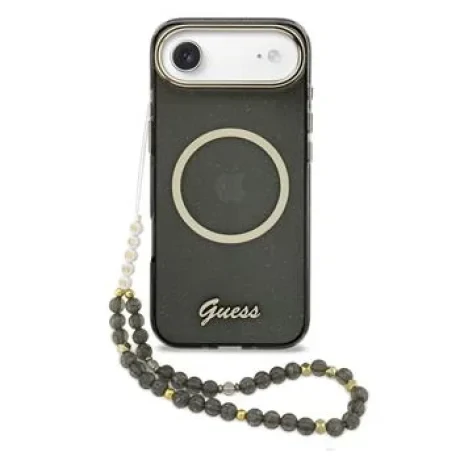 Husa spate Guess IML Glitter Script Strap MagSafe pentru iPhone Air, neagră