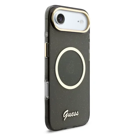 Husa spate Guess IML Glitter Script Strap MagSafe pentru iPhone Air, neagră