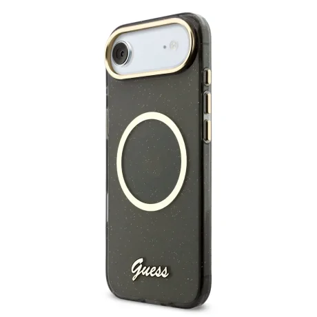 Husa spate Guess IML Glitter Script Strap MagSafe pentru iPhone Air, neagră