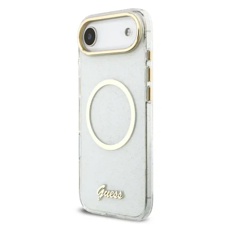 Husa spate Guess IML Glitter Script Strap MagSafe pentru iPhone Air, transparentă