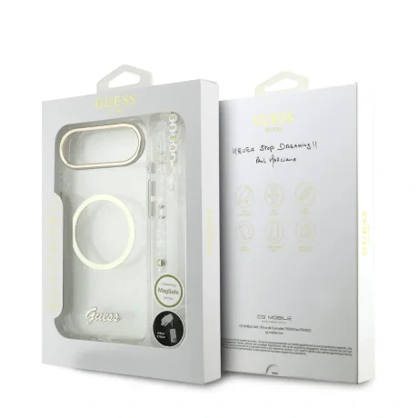 Husa spate Guess IML Glitter Script Strap MagSafe pentru iPhone Air, transparentă