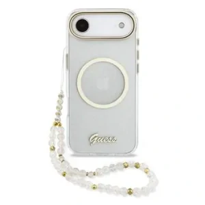 Husa spate Guess IML Glitter Script Strap MagSafe pentru iPhone Air, transparentă