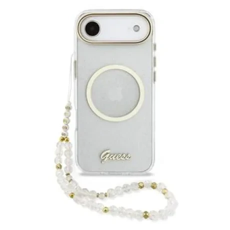 Husa spate Guess IML Glitter Script Strap MagSafe pentru iPhone Air, transparentă