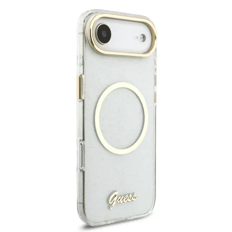 Husa spate Guess IML Glitter Script Strap MagSafe pentru iPhone Air, transparentă
