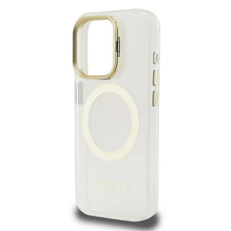 Husă spate Guess IML Gold Outline cu ramă foto MagSafe pentru iPhone 15 Pro Max, transparentă