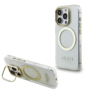 Husă spate Guess IML Gold Outline cu ramă foto MagSafe pentru iPhone 15 Pro Max, transparentă