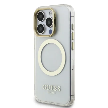Husă spate Guess IML Gold Outline cu ramă foto MagSafe pentru iPhone 15 Pro Max, transparentă