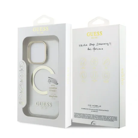 Husă spate Guess IML Gold Outline cu ramă foto MagSafe pentru iPhone 15 Pro Max, transparentă