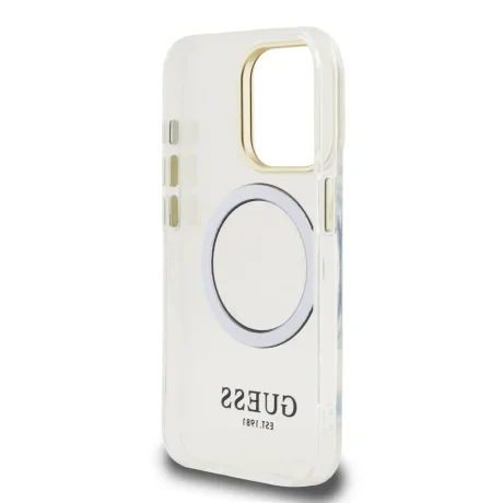 Husă spate Guess IML Gold Outline cu ramă foto MagSafe pentru iPhone 15 Pro Max, transparentă