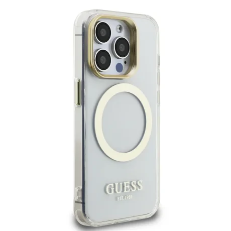 Husă spate Guess IML Gold Outline cu ramă foto MagSafe pentru iPhone 15 Pro Max, transparentă