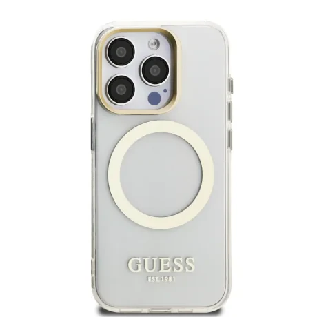 Husă spate Guess IML Gold Outline cu ramă foto MagSafe pentru iPhone 15 Pro Max, transparentă