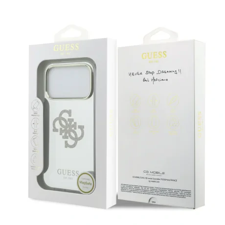 Husa spate Guess PC/TPU Mirror 4G cu sclipici și logo MagSafe pentru iPhone 17 Pro, aurie
