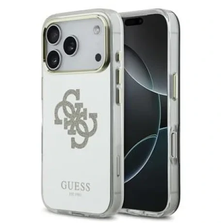 Husa spate Guess PC/TPU Mirror 4G cu sclipici și logo MagSafe pentru iPhone 17 Pro Max, aurie