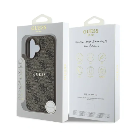 Husă spate Guess PU 4G Classic Logo MagSafe pentru iPhone 16 Plus, maro