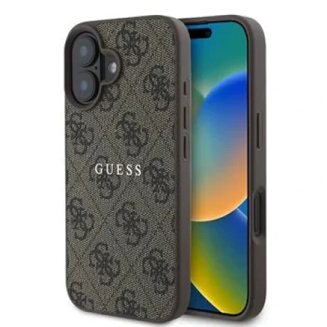 Husă spate Guess PU 4G Classic Logo MagSafe pentru iPhone 16 Plus, maro