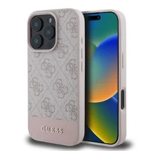 Husă spate Guess PU 4G cu dungi pentru iPhone 16 Pro Max, roz