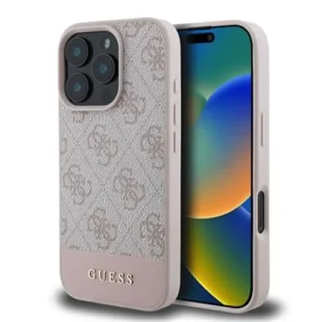 Husă spate Guess PU 4G cu dungi pentru iPhone 16 Pro Max, roz