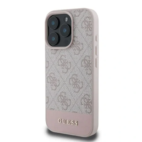 Husă spate Guess PU 4G cu dungi pentru iPhone 16 Pro Max, roz