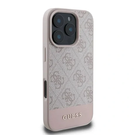 Husă spate Guess PU 4G cu dungi pentru iPhone 16 Pro Max, roz