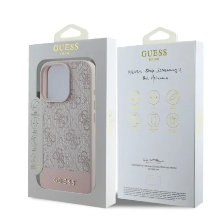 Husă spate Guess PU 4G cu dungi pentru iPhone 16 Pro Max, roz