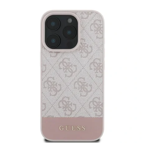 Husă spate Guess PU 4G cu dungi pentru iPhone 16 Pro Max, roz