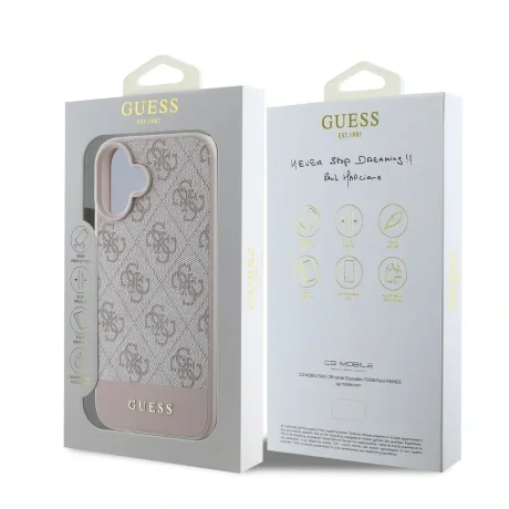 Husă spate Guess PU 4G cu dungi pentru iPhone 16, roz